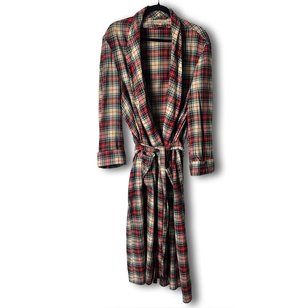 Marshall Field - Vintage Mens Plaid Wool‎ Cotton Robe Belted Loungewear Sz L